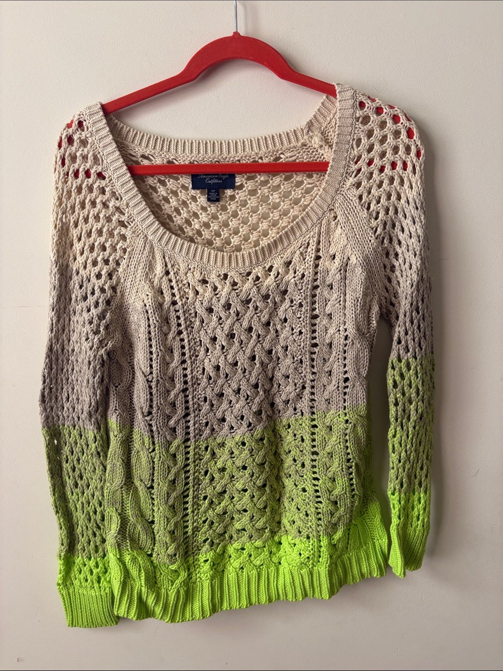 American Eagle Outfitters Cream to Neon Green Ombre Open-Knit Scoop Sweater